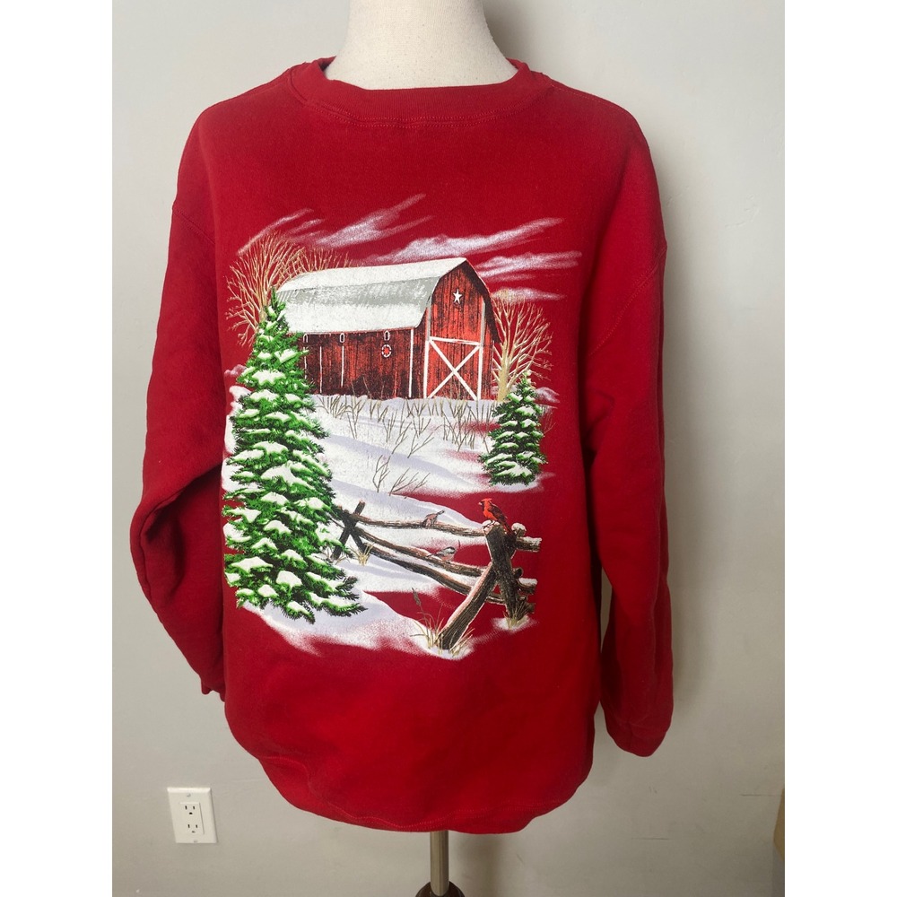 Vintage Christmas Pluma Heavyweight Fleece Red Winter Barn Cardinal Sweatshirt L